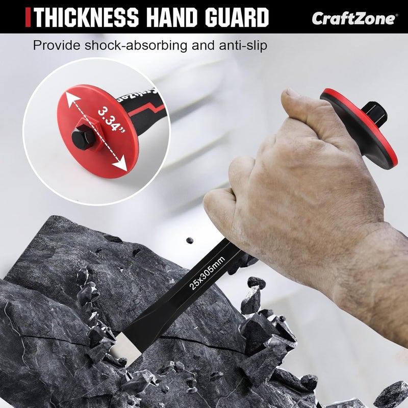 CRAFTZONE Masonry Chisel, Heavy Duty Flat End Rock Concrete Mortar Stone Brick Chisel with Protective Hand Guard for Breaking Carving Splitting Cutting Mason Tools (12-Inch) - Image 4
